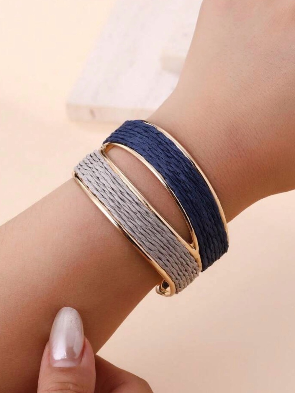 Gold-Tone Navy and Light Blue Woven Cuff Bracelet - Picture 7 of 9